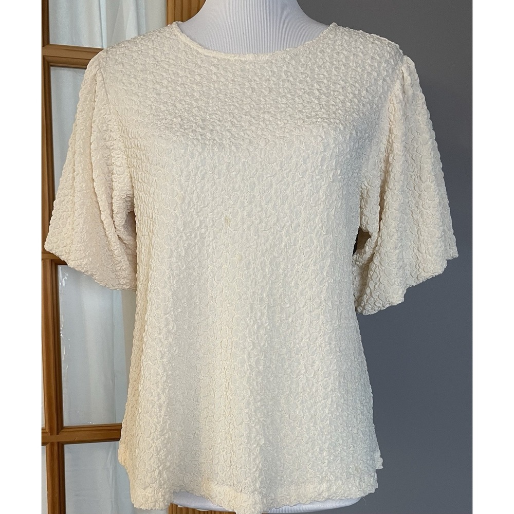 Meloday Women's Blouse Sz M Ivory Bubbles Puff Sleeves Casual Beach
